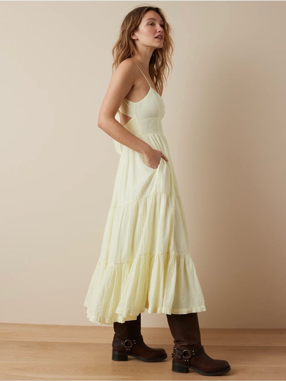 American Eagle Gauze Open Back Tie Sleeveless Midi Dress Yellow Size XL